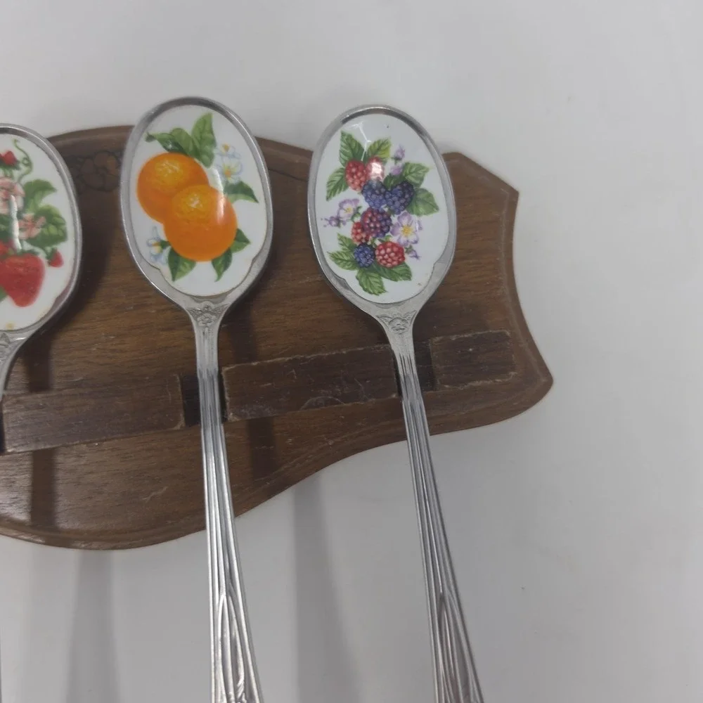Vintage Avon Fruit de Saison Collector Spoons- Set of 4 with Wooden Rack - Japan
